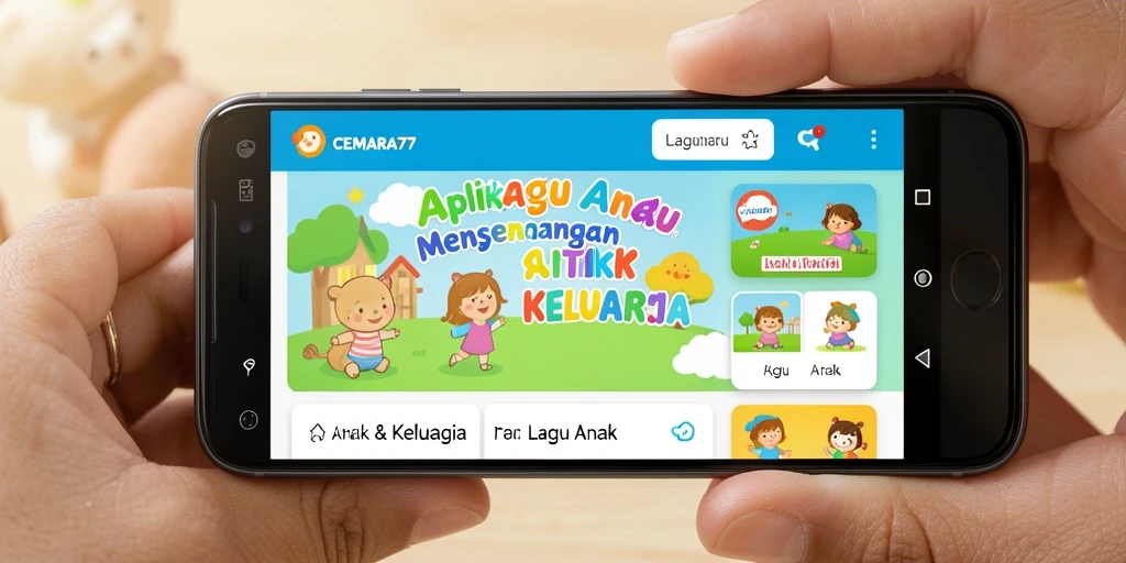 Antarmuka berwarna-warni aplikasi CEMARA77 yang penuh lagu anak.
