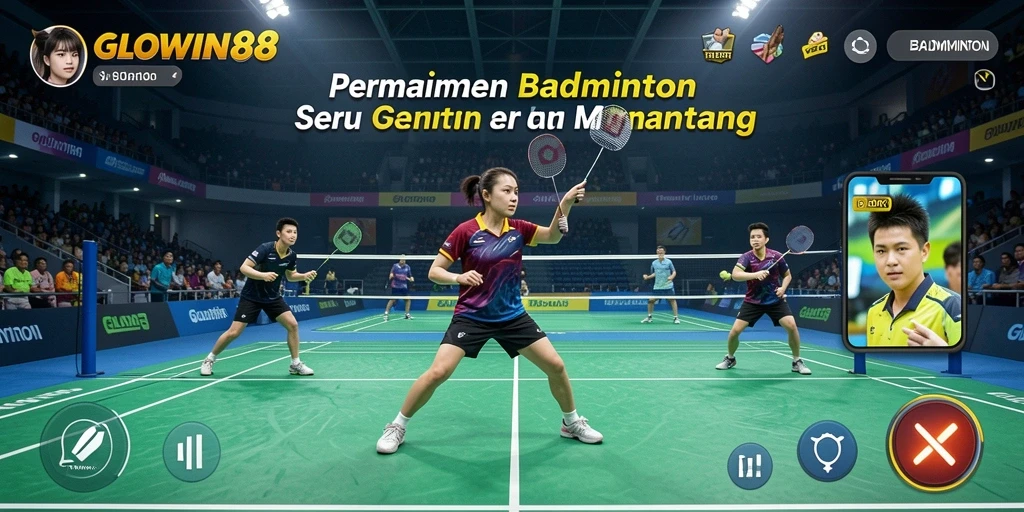 Antarmuka GLOWIN88 menampilkan aksi badminton yang dinamis dan menarik.