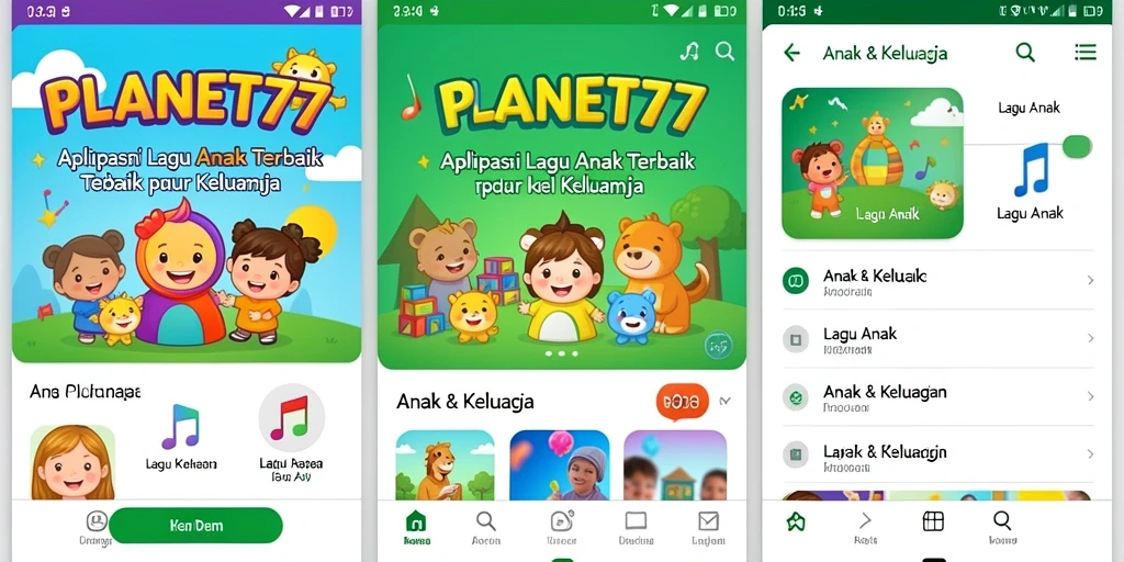 Antarmuka aplikasi PLANET77 yang ceria dan interaktif untuk anak-anak.